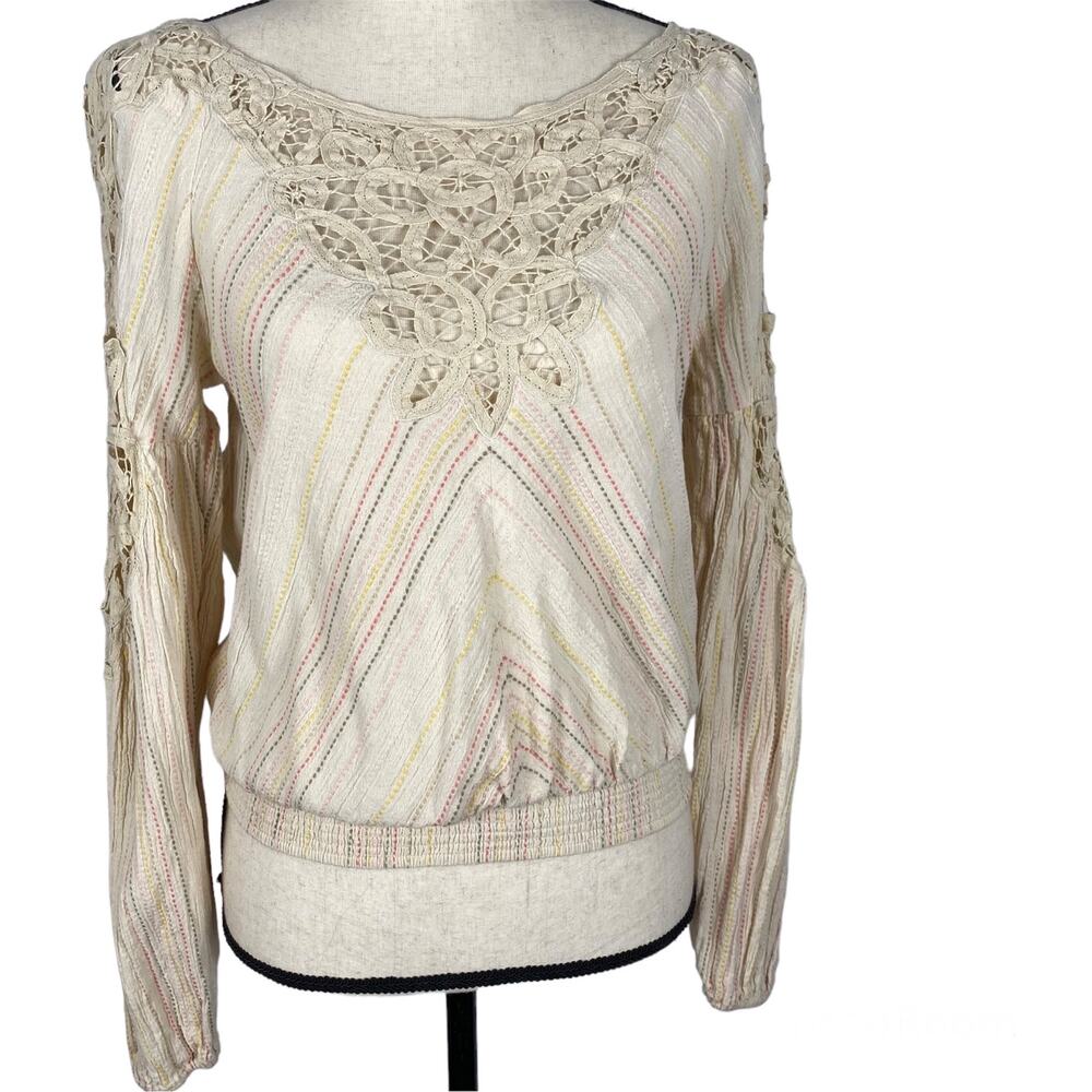 Free People Floating Memories Blouse Cotton Eyelet Pullover Top Beige Womens Sm